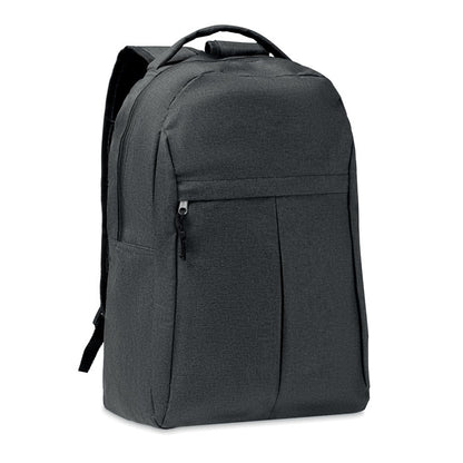 Mochila negra jaspeada con bolsillo exterior con cremallera y bolsillo lateral de malla.
