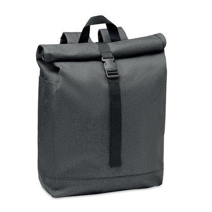 Mochila de poliéster negro jaspeado con cierre roll top con mosquetón de plástico negro