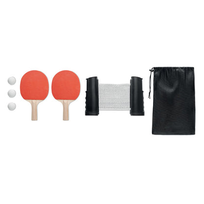 Set de ping pong compacto con todos los elementos organizados en bolsa.