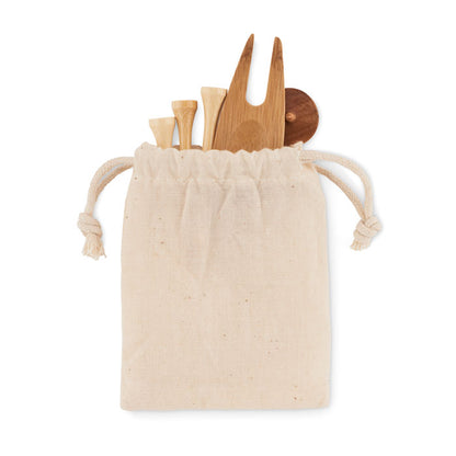 Kit de golf con accesorios de madera en bolsa de algodón