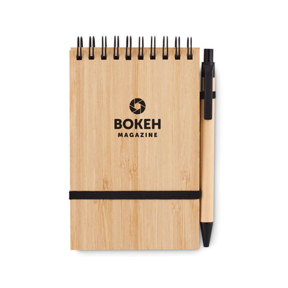 Libreta con tapa de bambú personalizada con logotipo y bolígrafo de cartón