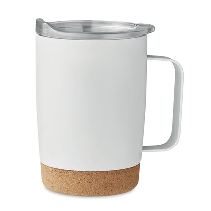 Taza de acero blanco con tapadera de plástico transparente y base de corcho