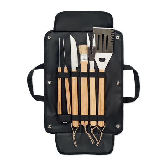 ALLIER Set de barbacoa con 5 utensilios de acero inoxidable y mango de madera en bolsa de canvas encerado.