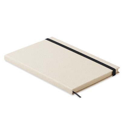 Vista lateral de libreta beige con cierre elástico