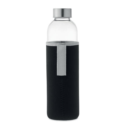 Botella de cristal con funda negra y asa