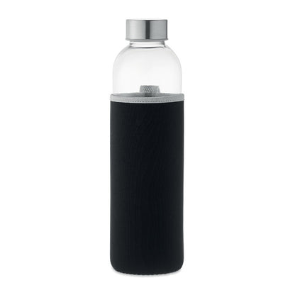 Vista trasera de Botella de cristal con funda negra y tapón