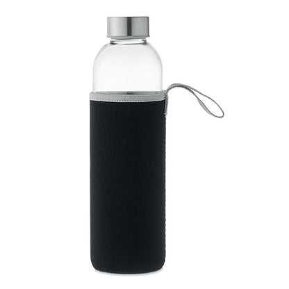 Vista lateral Botella de cristal con funda negra, tapa y asa