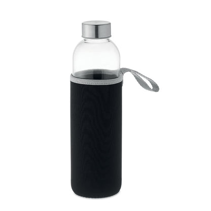 Botella de cristal con funda negra, tapa de metal  y asa
