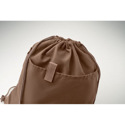 Mochila de cordones negra con detalles en polipiel marrón cerrada y personalizada con logotipo