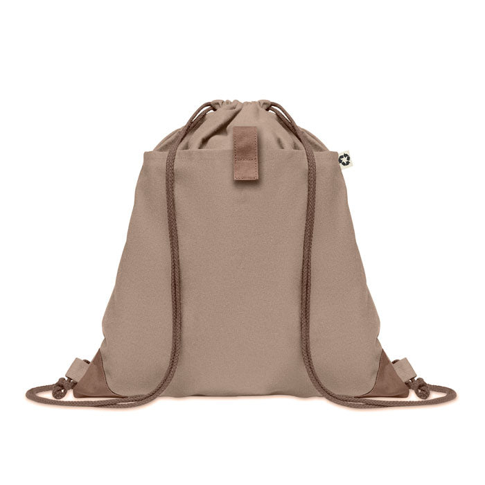 PANDA BAG beige con detalles marrones, mochila de cuerdas ecológica personalizable ideal para playa, compras o promociones.