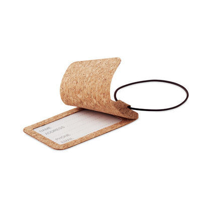 Identificador de equipaje de corcho con etiqueta para datos personales