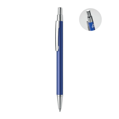 Bolígrafo azul con pulsador plateado ecológico