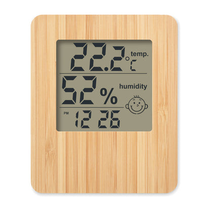 Vista frontal de Estación meteorológica de madera de bambú con pantalla con reloj temperatura, humedad y calendario