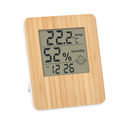 Estación meteorológica de madera de bambú con pantalla con reloj, indicador de temperatura, humedad relativa y calendario