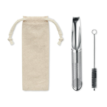 Infusor tubular de acero inoxidable para té con bolsa de algodón.