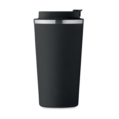 Vista derecha de vaso de acero inoxidable negro con tapadera de plástico 