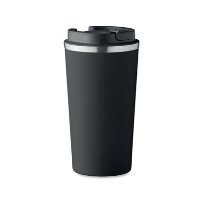 Vaso de acero inoxidable negro de doble pared con tapa de plástico negro. 