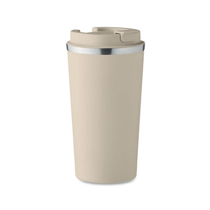 Vaso de acero inoxidable beige de doble pared con tapa de plástico negro. 