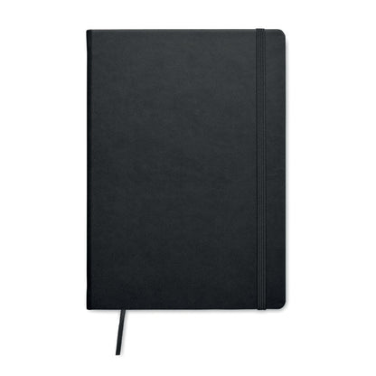Vista frontal de cuaderno negro con cierre de goma y cinta marcapáginas