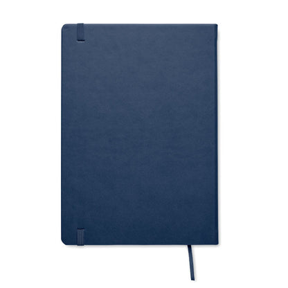 Vista trasera de libreta azul marino de tapas duras con cinta marcapáginas de tela