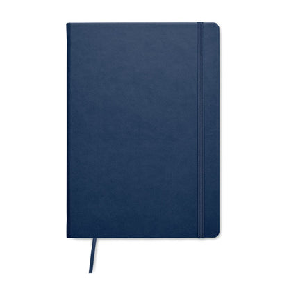 Vista frontal de cuaderno azul marino con cierre de goma y cinta marcapáginas