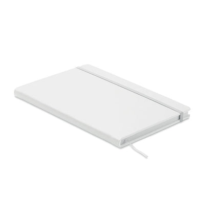 Libreta tamaño A5 con tapas duras y cierre de goma. color blanco