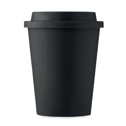 VAso de viaje de plástico negro con tapa