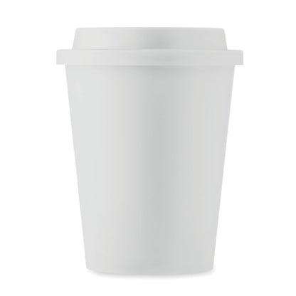 VAso de viaje de plástico blanco con tapa