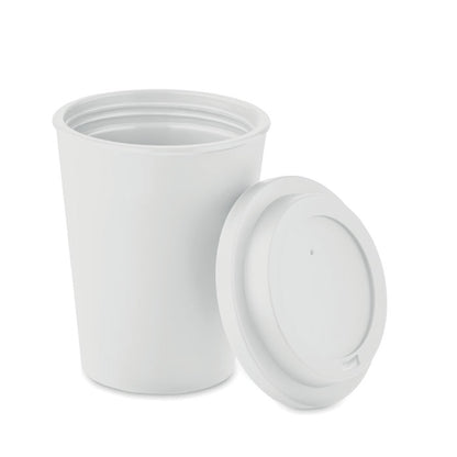 Vaso con tapadera de plástico blanco y cierre de rosca