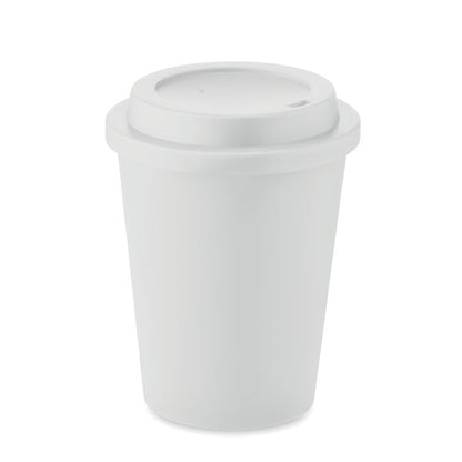 Vaso blanco de plástico con tapa con abertura para beber