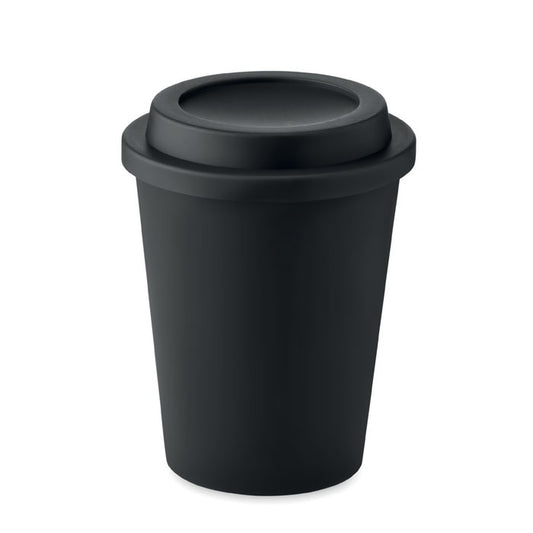 Vaso de doble pared PP negro con tapa, capacidad de 300 ml y diseño moderno, ideal para bebidas