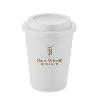 Vaso blanco de plástico con tapadera personalizado con logotipo