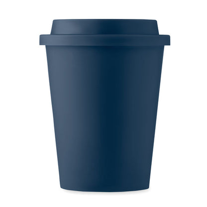 vaso azul de plástico con tapadera