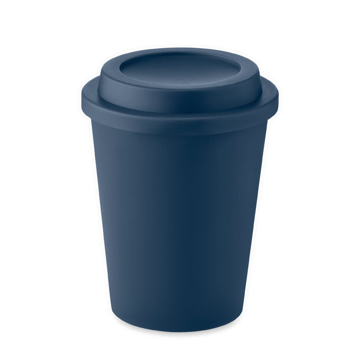 Vaso de doble pared PP 300 ml en color French Marino con tapa, diseño moderno y práctico.