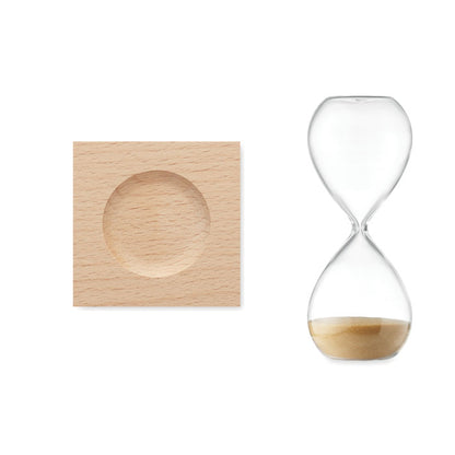 Reloj de cristal de arena con peana de madera
