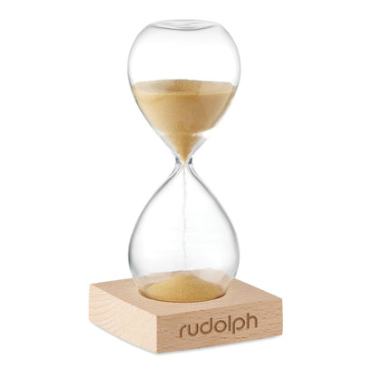 Reloj de arena personalizado con logotipo en soporte de madera