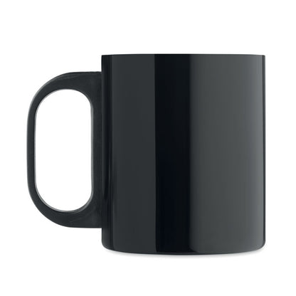 Vista lateral de taza negra de acero inoxidable