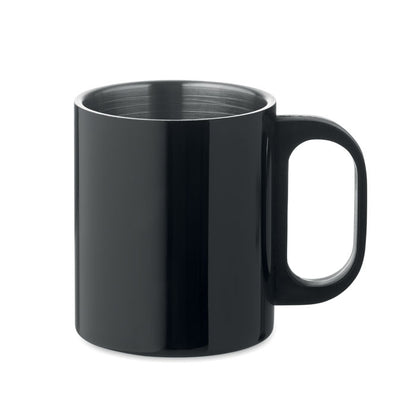 Taza de acero inoxidable negro  con asa de plástico negro