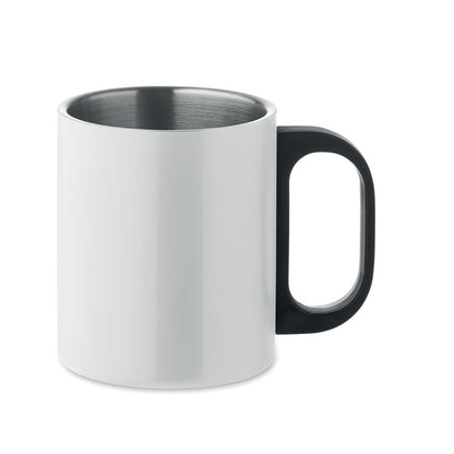 Taza de acero inoxidable blanca con asa de plástico negro