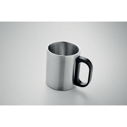 Vista superior de mug de acero inoxidable con asa negra