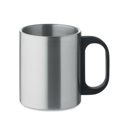 Taza de acero inoxidable con asa de plástico negro