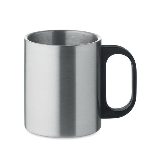 Taza de acero inoxidable con asa de plástico negro