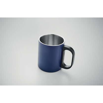 Vista superior de mug de acero inoxidable azul con asa negra
