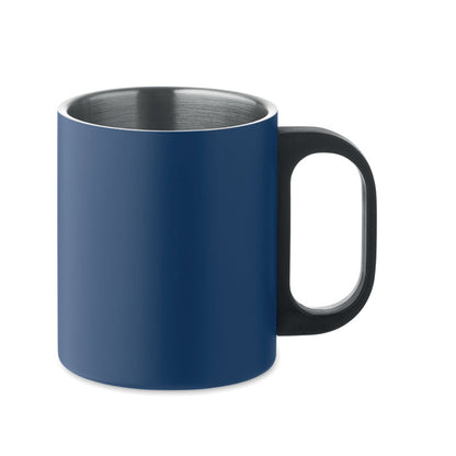 Taza de acero inoxidable azul con asa de plástico negro