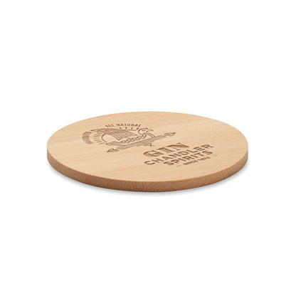 Vista alteral de posavasos de madera bambú con logotipo a láser