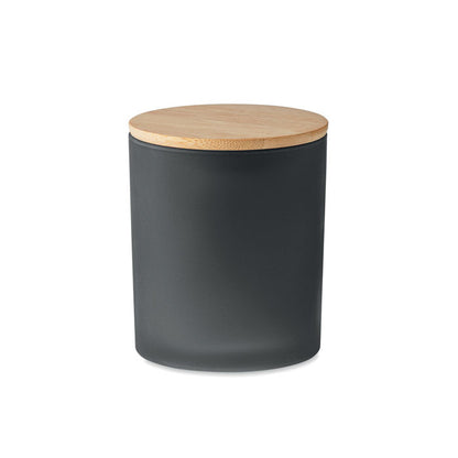 Bote negro de vidrio con tapa de bambú