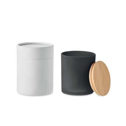 Caja blanca y vela negra con tapa de madera