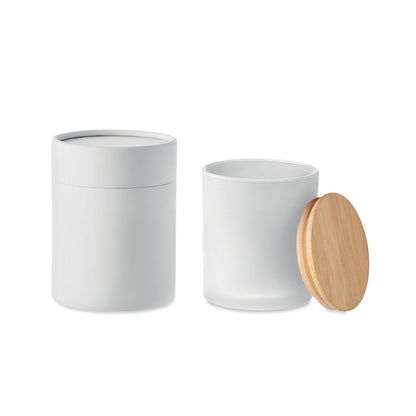 Caja blanca y vela blanca con tapa de madera