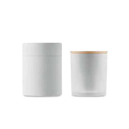 Caja blanca y vela blanca con tapa de madera