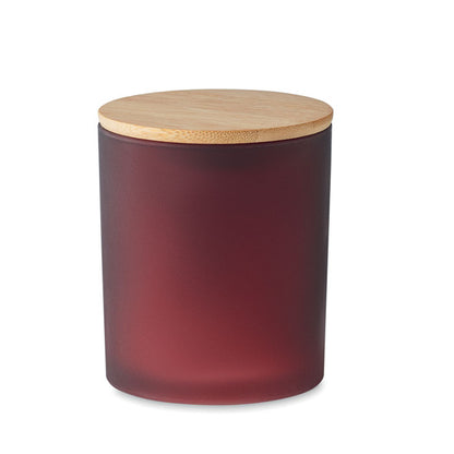 Vela en bote burdeos con tapa de madera